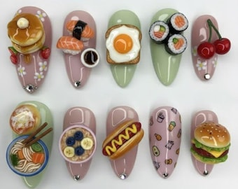 Realistic 3D Food Press on Nails | Miniature Sushi Burger & Pancake Fake Nails | Cute Foodie Ramen Hotdog Nail Art | Unique Gourmet Gift Set