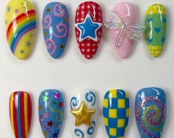 Y2K Mismatched Press On Nails, Kidcore Funky Nail Art, 3D Dragonfly Star Rainbow, Retro Indie Aesthetic Fake Nails, Cute Summer Glue On Set