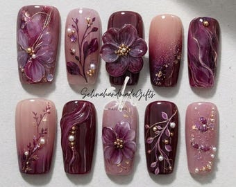 Burgundy Floral Press On Nails, 3D Flower Pearl Gold Vine Nails, Mauve Pink Square Fake Nail Set for Elegant Gift Bridal