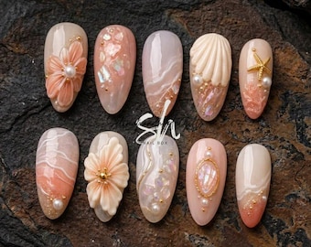 Peach Seashell Press On Nails, 3D Flower Starfish Pearl Nails, Coral Beach Almond Fake Nail Set, Summer Wedding Gift Art