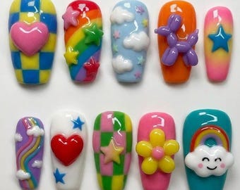Rainbow 3D Balloon Dog Press On Nails, Cute Cloud Smiley Face Art, Kawaii Decora Kidcore Fake Nails, Colorful Summer Glue On Set