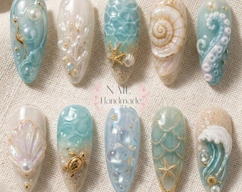 3D Ocean Press On Nails, Mermaid Seashell Fake Nails, Summer Beach Turquoise Nail Art, Custom Pearl Sea Turtle Acrylic Glue On Nails