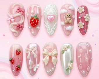 Pink Coquette Press On Nails | 3D Strawberry Teddy Bear Bows | Kawaii Heart Fake Nails | Handmade Soft Girl Y2K | Glue On Custom Gift