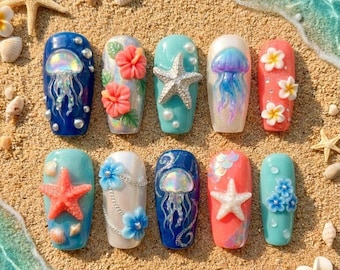 Uñas coloridas de medusas e hibiscos en 3D, uñas postizas tropicales de playa para verano, arte vibrante de estrellas de mar en azul coral, uñas postizas hawaianas para vacaciones