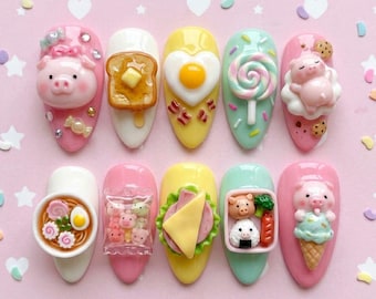 Kawaii 3D Pig & Food Press On Nails, Pastel Decoden Manicure Set