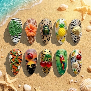 May include: A collection of ten intricately designed nail art sets, each featuring unique tropical and animal-inspired themes. Designs include a zebra print with a green leaf, a giraffe print with a flower, and a leopard print with a beetle.