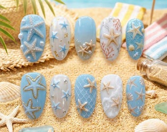 Cute Starfish Press On Nails, Baby Blue Beach Ocean Nails, 3D Summer Vacation Nail Art, Handmade Pearl & Shell Almond Fake Nails