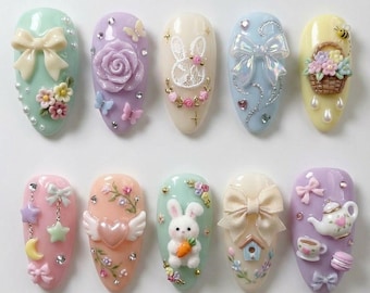 Pastel Coquette Press On Nails, 3D Bunny Bow Flower Tea Party Art, Cute Kawaii Easter Fake Nails, Soft Girl Aesthetic Glue On Set
