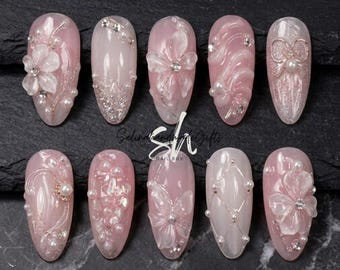 Blush Pink Floral Press On Nails, 3D Flower Pearl Glitter Bow Nails, Coquette Almond Fake Nail Set, Bridal Wedding Gifts