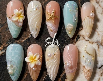 Aqua Beach Press On Nails, 3D Plumeria Shell Starfish Nails, Pearl Gold Almond Fake Nail Set, Summer Ocean Gift Nail Art