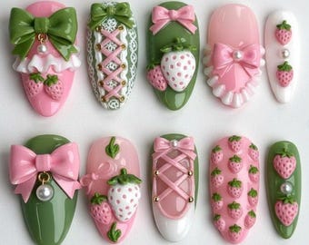 3D Strawberry Ballerina Press On Nails – Pink Green Kawaii Bow Nails with Lace, Pearls & Cute Berry Charm, Sweet Lolita Nail Art Set