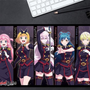 May include: A rectangular desk mat featuring five anime characters from Chained Soldier in dark blue military-style uniforms with gold accents. The characters are Nei Okawamura, Shushu Suruga, Kyouka Uzen holding a sword, Himari Azuma, and Tenka Izumo.
