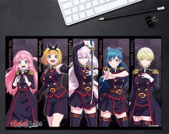 May include: A rectangular desk mat featuring five anime characters from Chained Soldier in dark blue military-style uniforms with gold accents. The characters are Nei Okawamura, Shushu Suruga, Kyouka Uzen holding a sword, Himari Azuma, and Tenka Izumo.