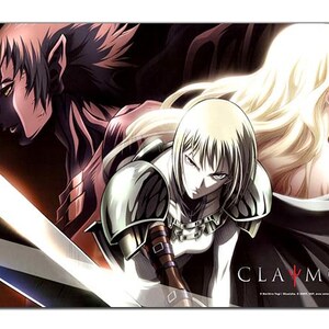 May include: A rectangular desk mat featuring an anime illustration of a blonde warrior in silver armor holding a large sword, a dark horned creature, and a glowing blonde figure. The text CLAYMORE is printed in the bottom right corner.