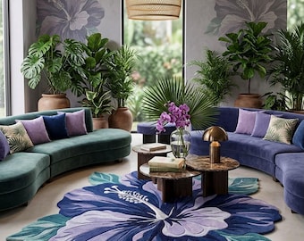 Tapis fait main avec fleurs d'hibiscus violettes, accent de zone botanique capitonné, décoration florale moderne pour la maison