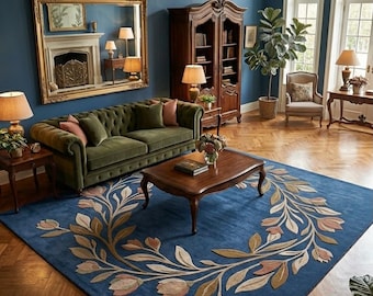 Hand Tufted Wool Floral Wreath Rug, Navy Botanical Area Carpet