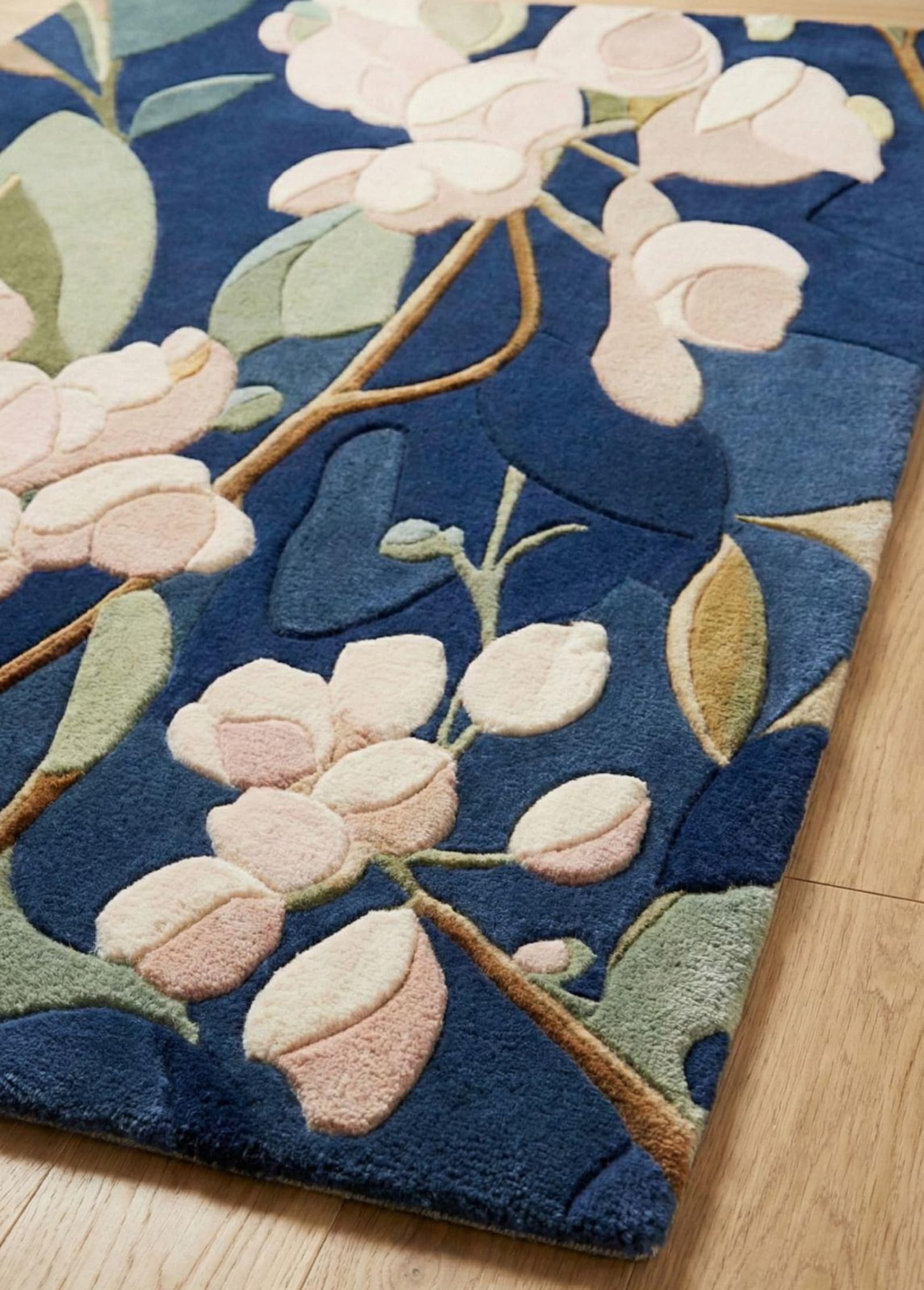 Hand Tufted Floral Area Rug, Modern Botanical Navy Blue Carpet - Etsy