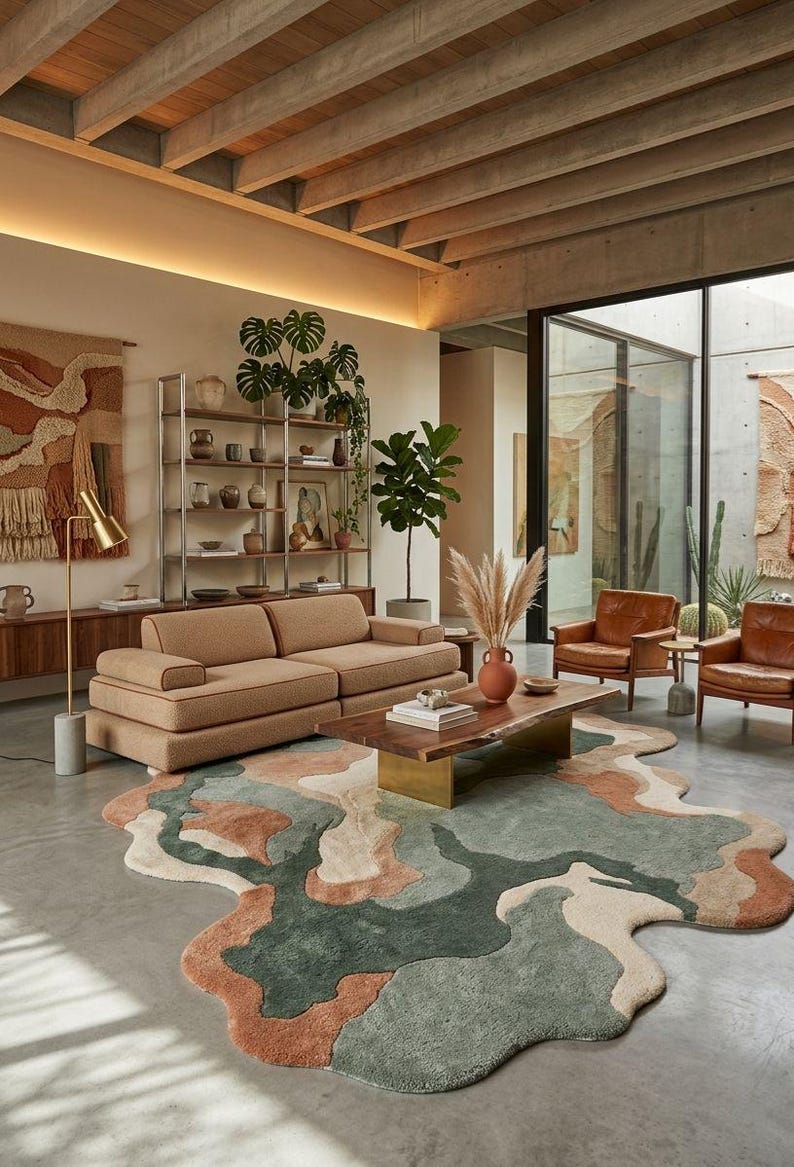 May include: An irregular, organic-shaped area rug featuring a multi-colored abstract pattern in shades of sage green, terracotta, cream, and beige. The rug is placed on a concrete floor in a living room setting with a sofa, coffee table, and chairs.
