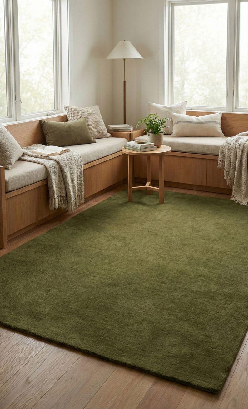 Minimalist solid olive green rug, soft wool carpet for contemporary and earthy home decor