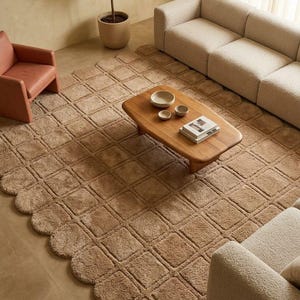 Puede incluir: Escena de salón con una gran alfombra beige texturizada con borde festoneado. Una mesa de centro de madera sostiene cuencos y libros. También hay un sofá beige y un sillón de color terracota, junto con una planta en maceta.
