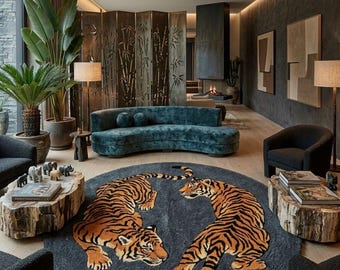 Tapis rond tufté à la main à motif tigre, tapis de luxe imprimé animaux sauvages