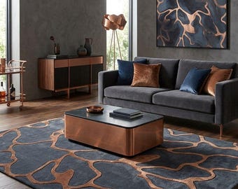 Hand Tufted Wool Area Rug, Abstract Organic Pattern, Blue Grey Copper