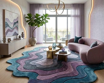 décoratif ondulé abstrait | Tapis bio dégradé violet sarcelle