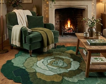 Grüner runder Teppich mit Blumenmuster - Handgefertigter Teppich mit mehrschichtigem Blütenblatt-Design, moderner botanischer Teppich, gemütliches Luxus-Wohnzimmerdekor, Statement-Bodenteppich