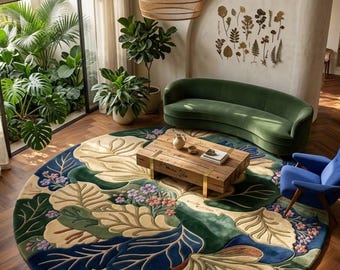 Hand Tufted Botanical Floral Round Rug, Vintage Inspired Green Navy Cottagecore Home Decor