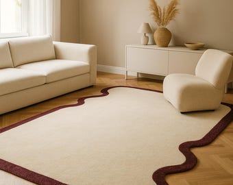 Hand-Tufted Irregular Rug – Cream & Maroon Wavy Border Carpet