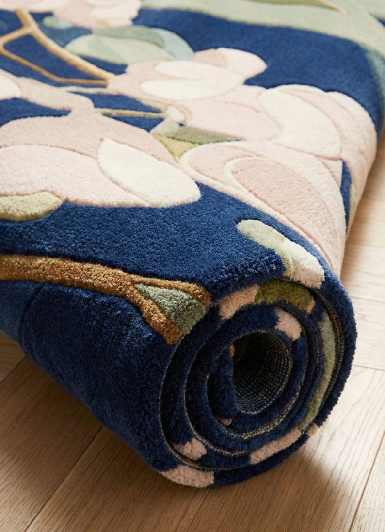 Hand Tufted Floral Area Rug, Modern Botanical Navy Blue Carpet - Etsy