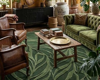 Green Botanical Leaf Rug, Hand Tufted Area Rug, Nature Inspired Rug, Modern Organic Rug, Sage Green Living Room Rug, Bedroom Decor