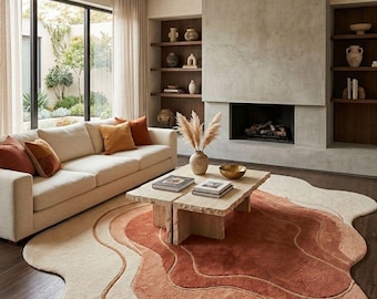 Tapis capitonné abstrait, tapis bohème neutre de forme irrégulière, décoration de salon ondulée faite main