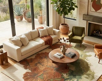 Hand Tufted Floral Rug, Vintage Botanical Area Rug, Burnt Orange Flower Rug, Olive Green Rug, Cottagecore Decor, Boho Living Room Rug