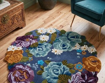 Tapis en laine capitonné à fleurs fait main, tapis botanique rose bleu pourpre, décoration d'intérieur bohème