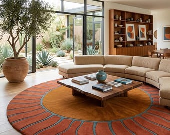 Tapis rond abstrait en laine tuftée à la main, motif soleil | Couleur terre cuite rouille