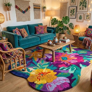 May include: A colourful living room with a teal velvet sofa, rattan chairs, and a wooden coffee table. A large floral rug in shades of purple, yellow, and pink is the focal point. Macrame wall hangings and botanical prints create a bohemian vibe. String lights and plants add to the cosy feel.