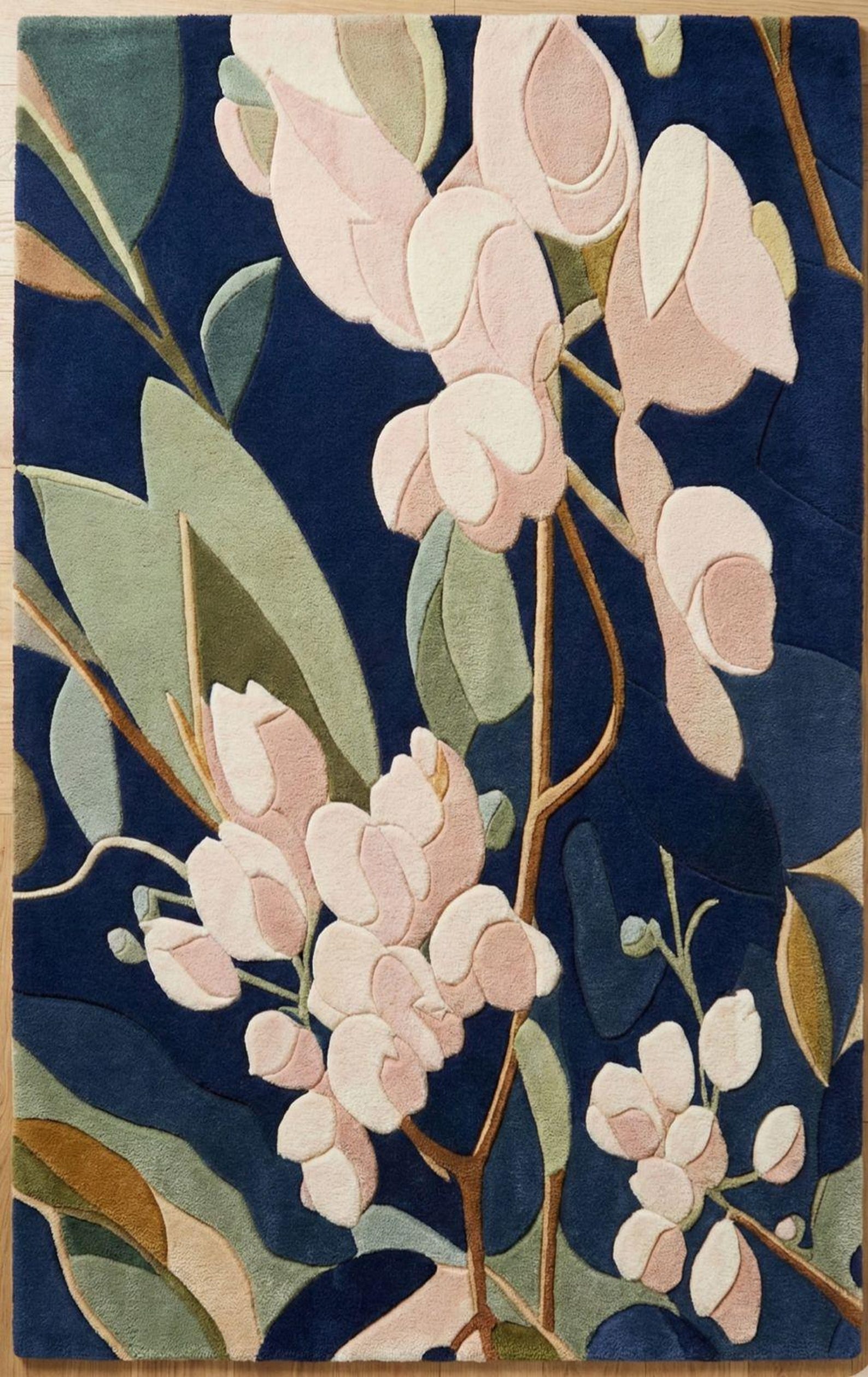 Hand Tufted Floral Area Rug, Modern Botanical Navy Blue Carpet - Etsy