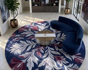 Tapis rond à motifs floraux, tapis bleu marine à feuilles botaniques, décoration intérieure bordeaux et ivoire