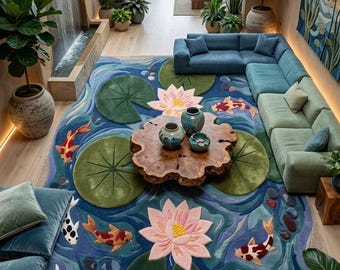 Tapis capitonné fait main de bassin de carpes koï, tapis zen japonais 3D de lys de lotus