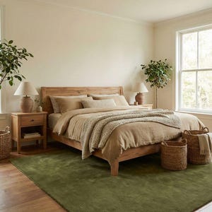 Plain olive green area rug with smooth pile, neutral modern rug for living room, bedroom, or office