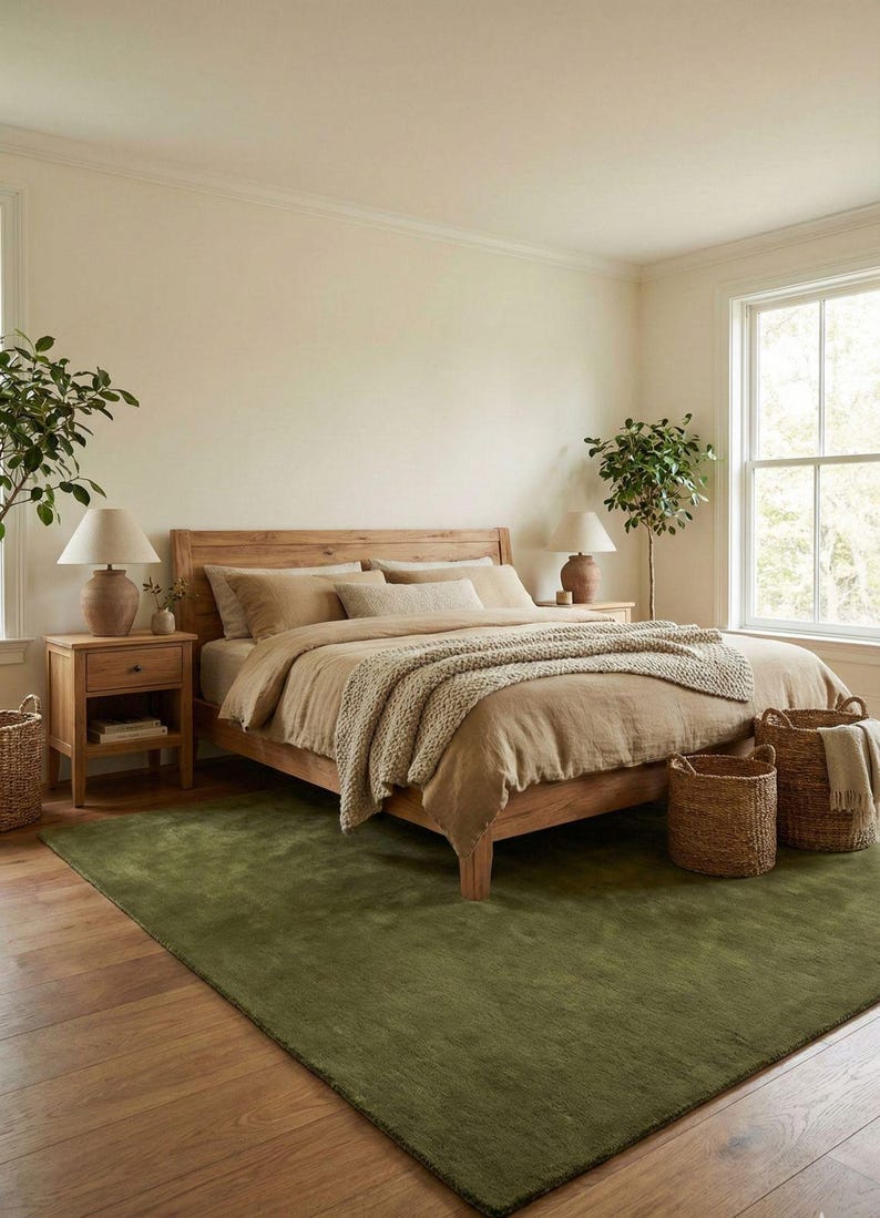 Plain olive green area rug with smooth pile, neutral modern rug for living room, bedroom, or office