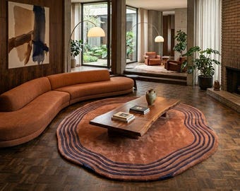 Hand Tufted Round Area Rug, Brown Abstract Rug, Organic Shape Rug, Modern Contemporary Rug, Wavy Border Rug, Cozy Living Room Bedroom Decor