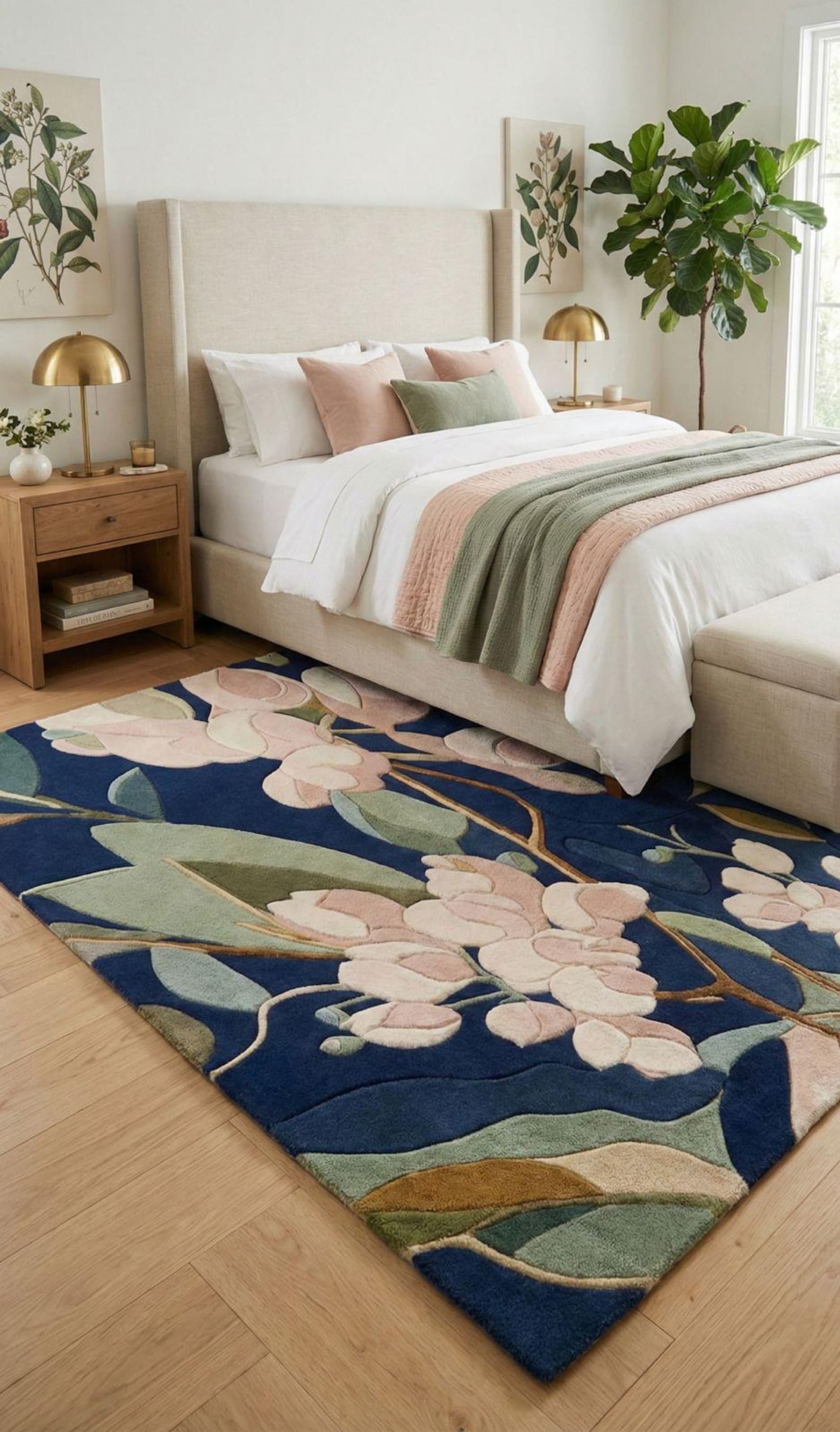 Hand Tufted Floral Area Rug, Modern Botanical Navy Blue Carpet - Etsy