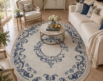 Ivory Navy Blue Oval Baroque Rug, Hand-Tufted Area Rug, French Country Decor