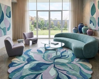 Tapis en laine abstrait tufté à la main, tapis rond festonné de créateur, décoration intérieure bleu sarcelle, sauge et lavande