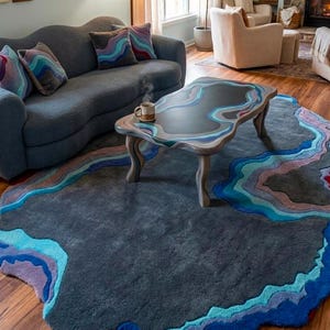 Abstract Geode Rug, Hand Tufted Irregular Area Rug, Modern Blue Grey Wool Carpet, Organic Shape Statement Rug, Contemporary Home Decor