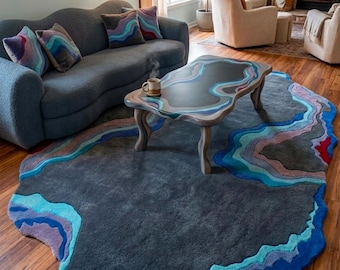 Hand Tufted Abstract Geode Rug, Organic Wool Carpet, Modern Blue Grey Home Decor
