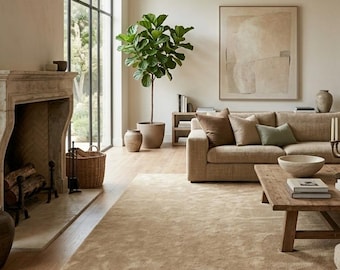 Tapis pelucheux beige - Tapis neutre minimaliste doux pour le salon, décoration de chambre à coucher