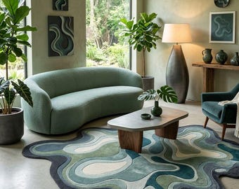 Hand Tufted Abstract Wool Rug, Organic Wavy Design, Modern Living Room Decor